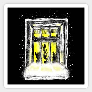 A winter window with a bright light. Christmas and new year drawing Sticker